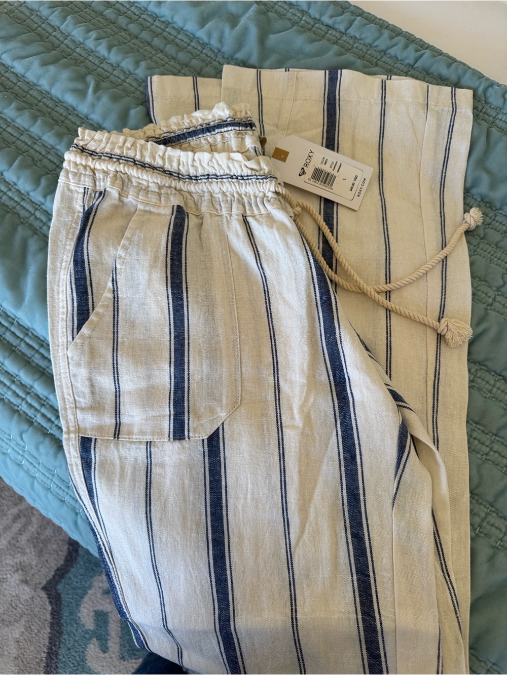 Roxy, Drawstring Linen Pants - Striped Blue on Cream, Size Large New w/ Tags